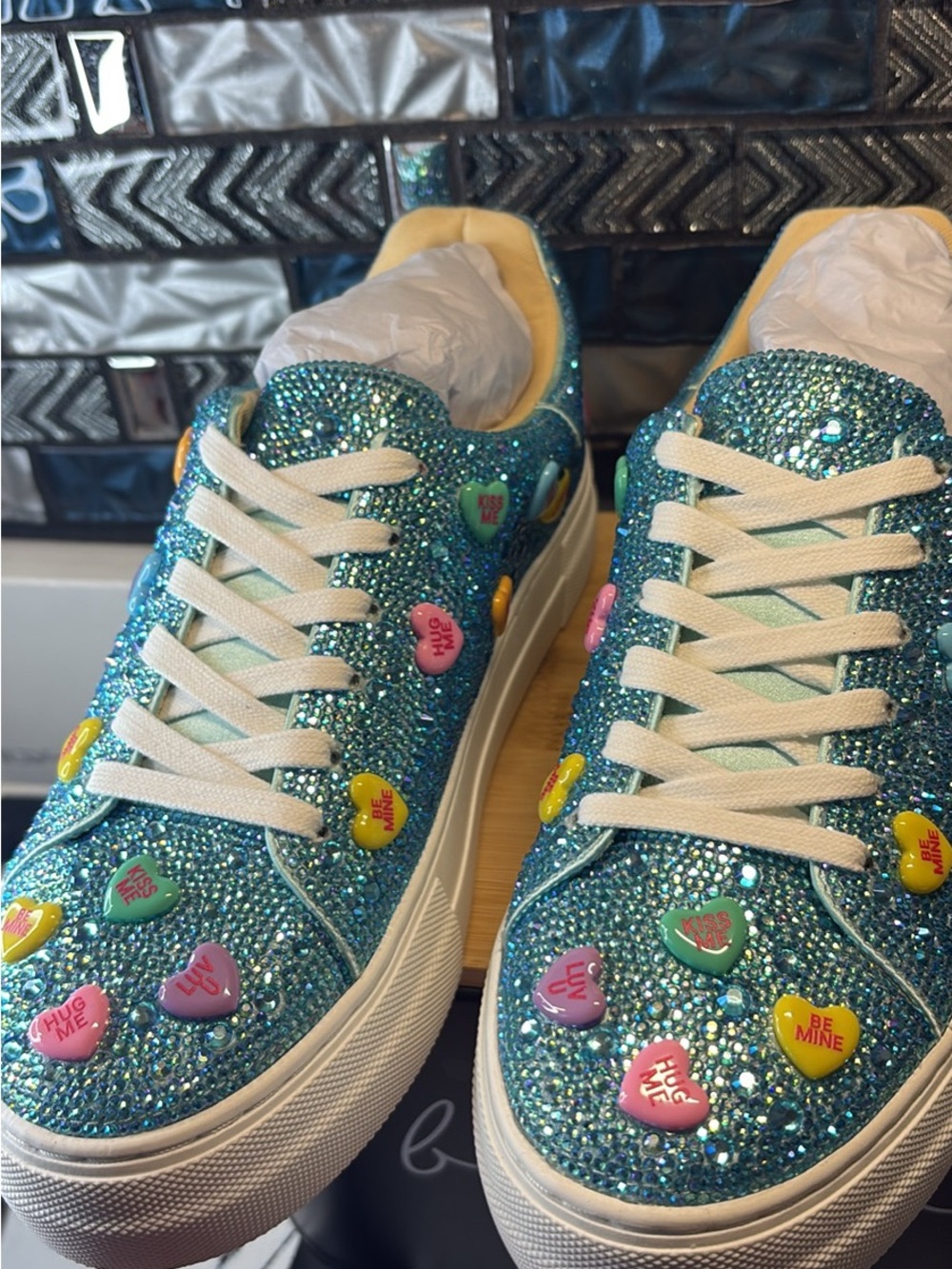 Betsey Johnson Teal Glitter Platform Sneakers with Candy Heart Accents - Picture 6 of 8